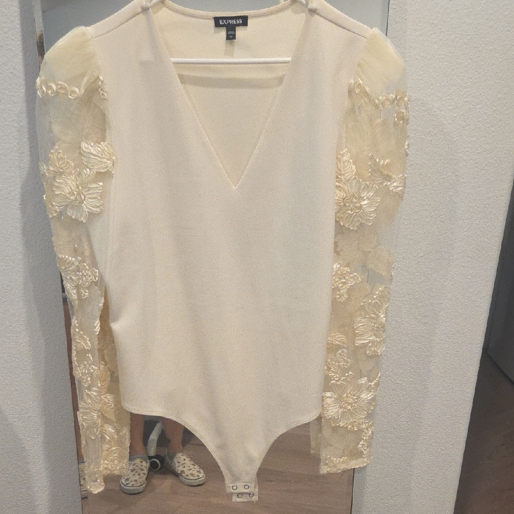 Express Cream Sheer Floral-Appliqué V-Neck Bodysuit